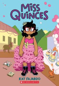 Cover of the graphic novel Miss Quinces by Kat Fajardo. A disheveled girl wearing a fluffy pink dress and combat boots.