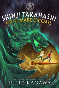Cover of the middle grade book Shinji Takahashi and the Mark of the Coatl by Julie Kagawa. A large green coatl chases two children who are running across a compass. 